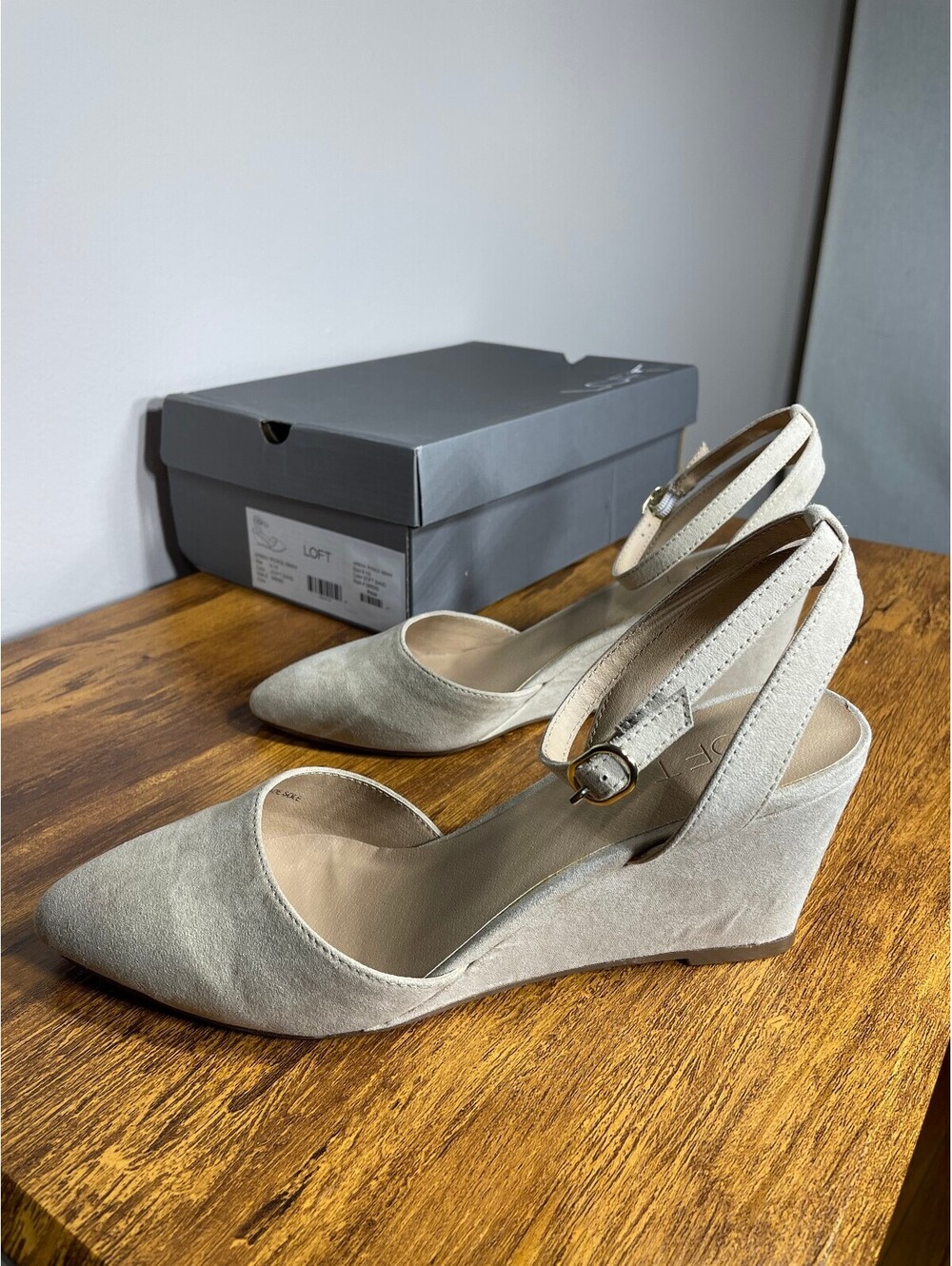 LOFT Neutral Faux Suede Wedges Clean Girl Minimalist Pointed Toe business casual